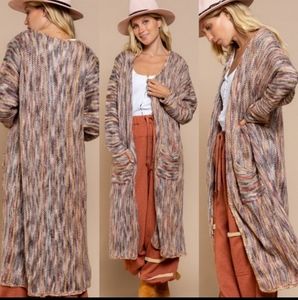 POL Boho Longline Open Cardigan Sweater Rainbow Maxi Duster w Pockets